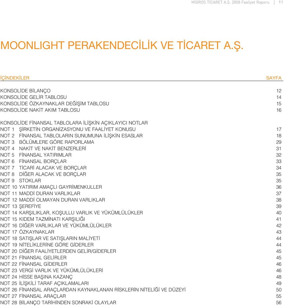 AÇIKLAYICI NOTLAR NOT 1 fi RKET N ORGAN ZASYONU VE FAAL YET KONUSU 17 NOT 2 F NANSAL TABLOLARIN SUNUMUNA L fik N ESASLAR 18 NOT 3 BÖLÜMLERE GÖRE RAPORLAMA 29 NOT 4 NAK T VE NAK T BENZERLER 31 NOT 5 F