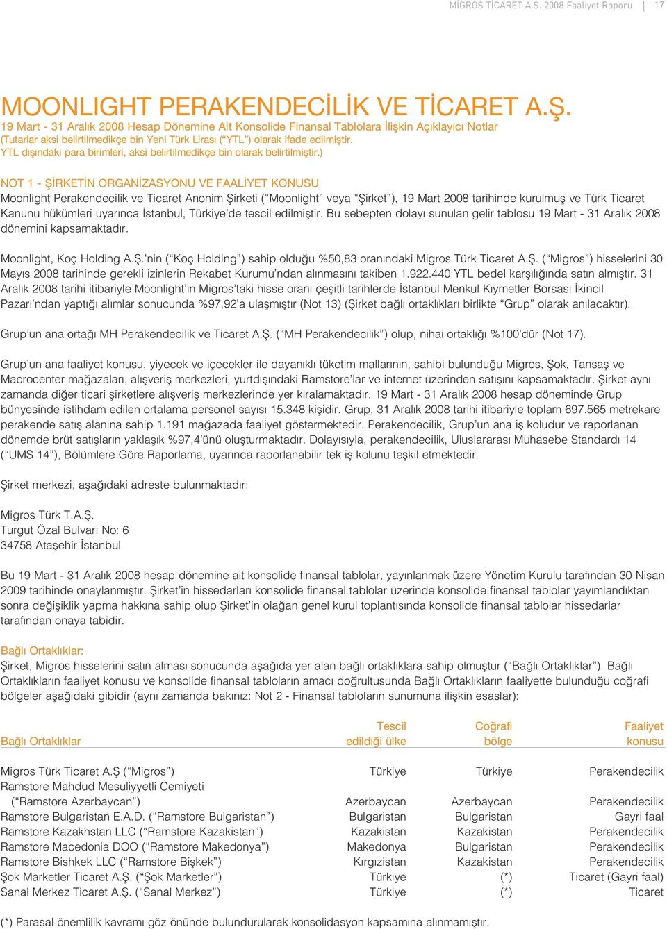 Ticaret Kanunu hükümleri uyar nca stanbul, Türkiye de tescil edilmifltir. Bu sebepten dolay sunulan gelir tablosu 19 Mart - 31 Aral k 2008 dönemini kapsamaktad r. Moonlight, Koç Holding A.fi.