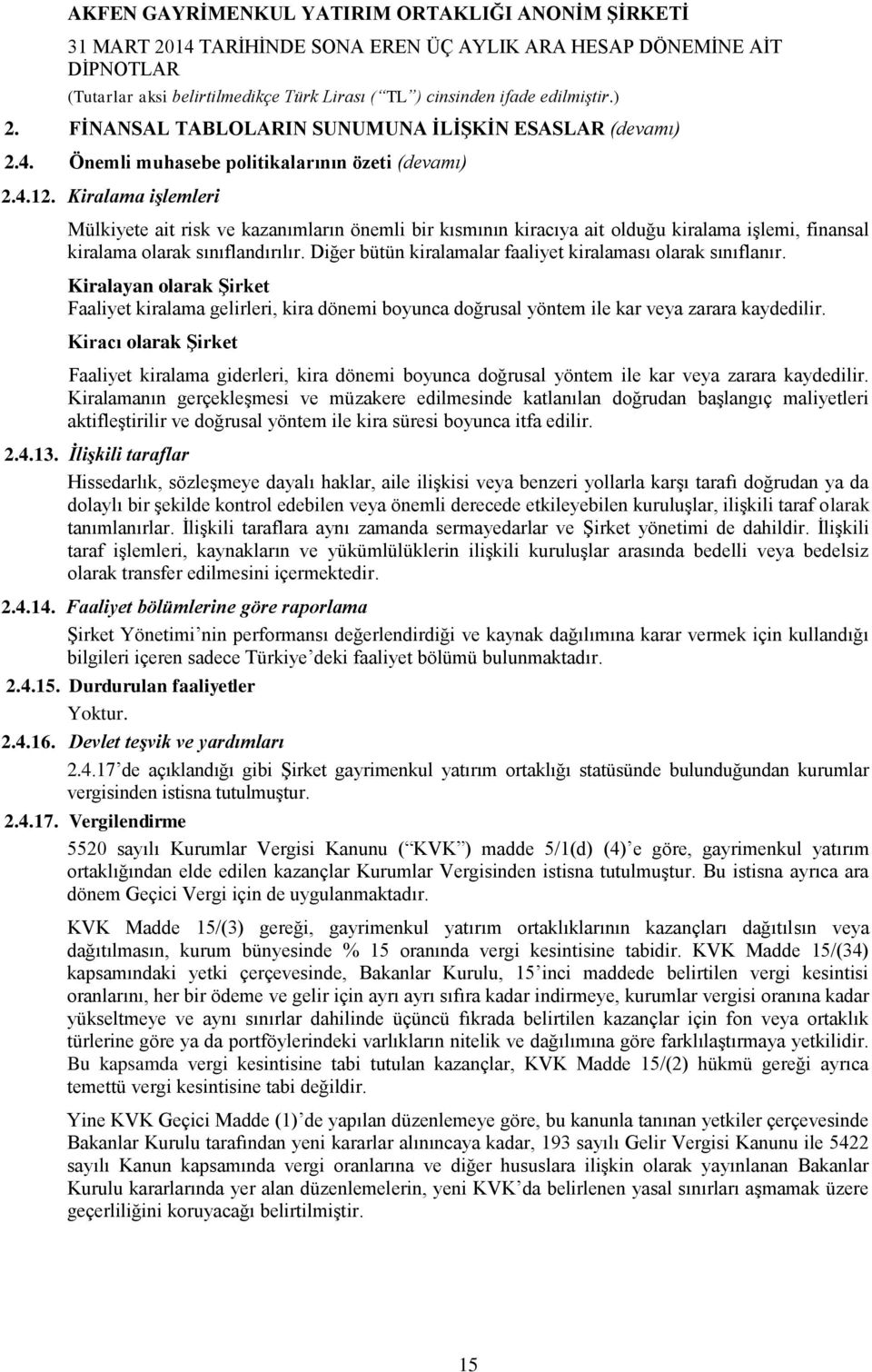 Diğer bütün kiralamalar faaliyet kiralaması olarak sınıflanır. Kiralayan olarak Şirket Faaliyet kiralama gelirleri, kira dönemi boyunca doğrusal yöntem ile kar veya zarara kaydedilir.