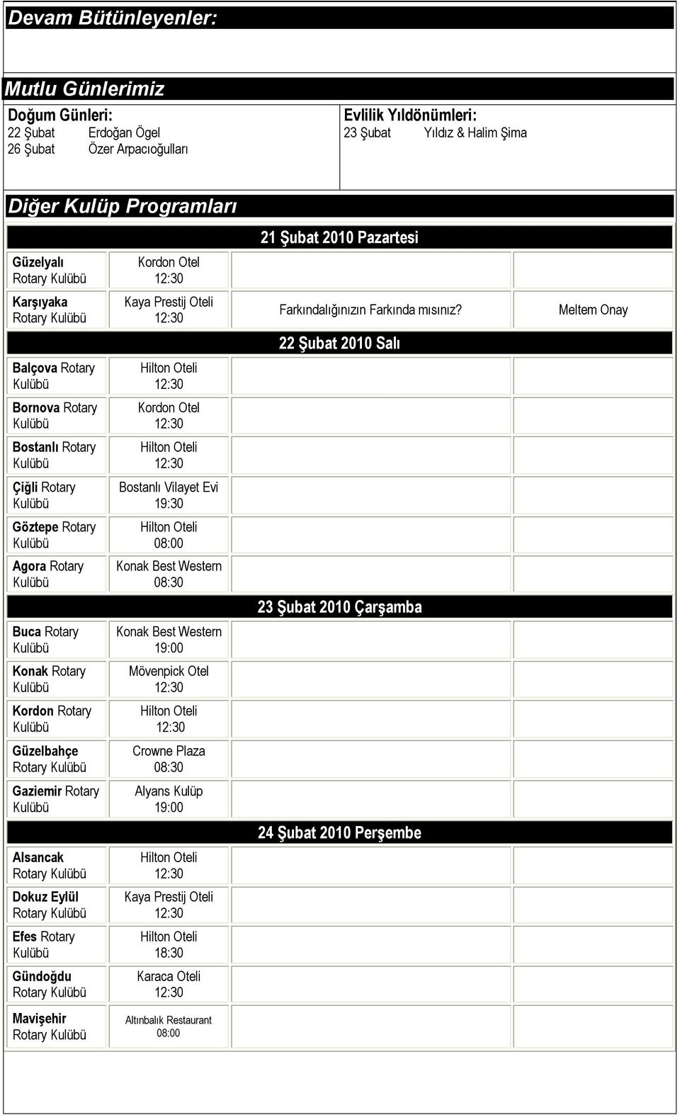 Eylül Rotary Efes Rotary Gündoğdu Rotary Mavişehir Rotary Kordon Otel Kaya Prestij Oteli Kordon Otel Bostanlı Vilayet Evi 19:30 08:00 Konak Best Western 08:30 Konak Best Western 19:00 Mövenpick Otel