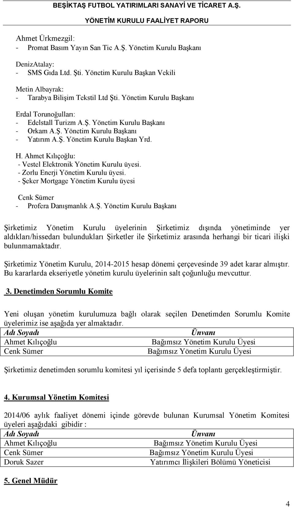 Ahmet Kılıçoğlu: - Vestel Elektronik Yönetim Kurulu üyesi. - Zorlu Enerji Yönetim Kurulu üyesi. - Şe