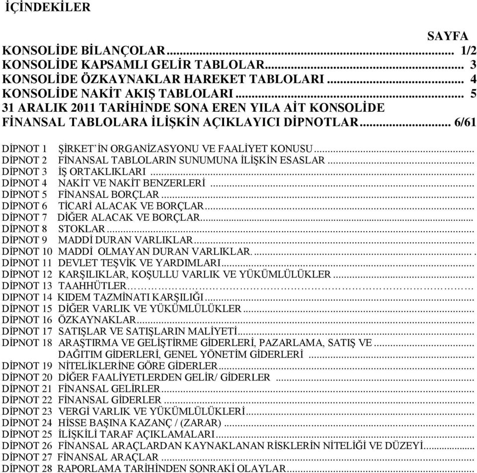 .. DİPNOT 2 FİNANSAL TABLOLARIN SUNUMUNA İLİŞKİN ESASLAR... DİPNOT 3 İŞ ORTAKLIKLARI... DİPNOT 4 NAKİT VE NAKİT BENZERLERİ... DİPNOT 5 FİNANSAL BORÇLAR... DİPNOT 6 TİCARİ ALACAK VE BORÇLAR.