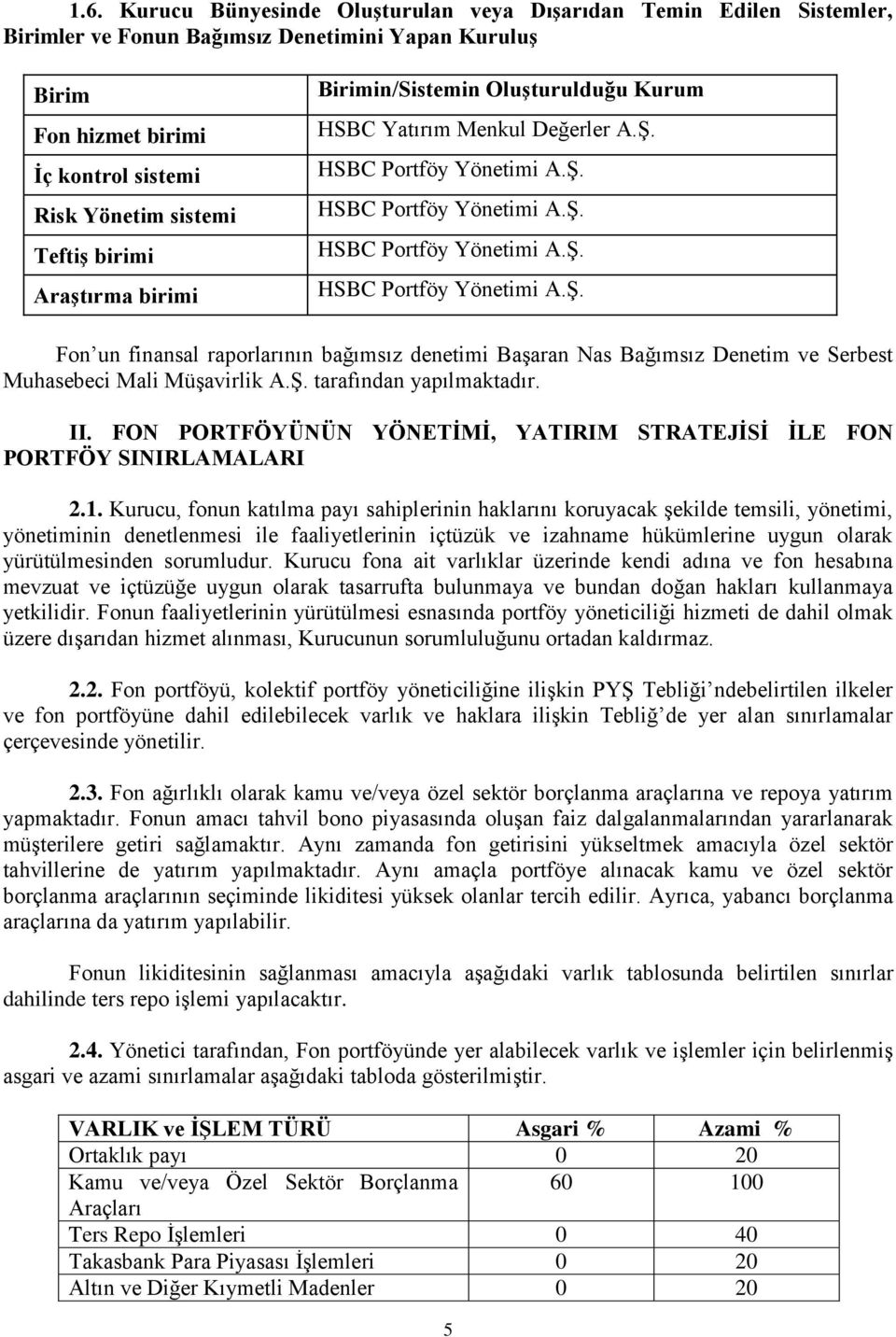 HSBC Portföy Yönetimi A.Ş. HSBC Portföy Yönetimi A.Ş. HSBC Portföy Yönetimi A.Ş. HSBC Portföy Yönetimi A.Ş. Fon un finansal raporlarının bağımsız denetimi Başaran Nas Bağımsız Denetim ve Serbest Muhasebeci Mali Müşavirlik A.