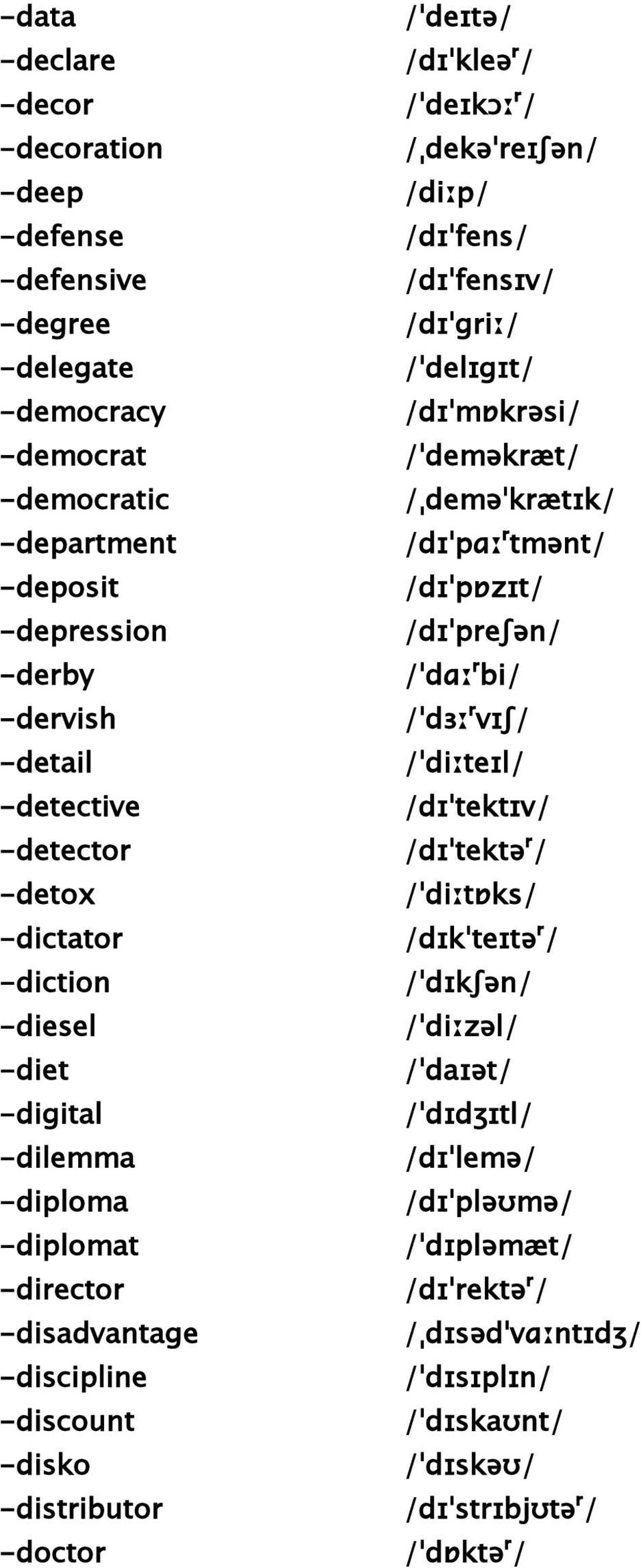 -detective /dɪˈtektɪv/ -detector /dɪˈtektəʳ/ -detox /ˈdiːtɒks/ -dictator /dɪkˈteɪtəʳ/ -diction /ˈdɪkʃən/ -diesel /ˈdiːzəl/ -diet /ˈdaɪət/ -digital /ˈdɪdʒɪtl/ -dilemma /dɪˈlemə/ -diploma