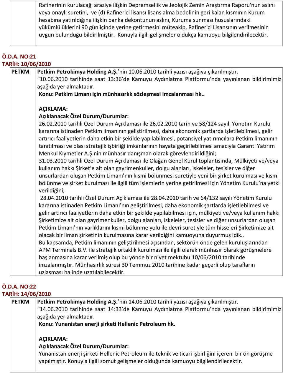 bildirilmiştir. Konuyla ilgili gelişmeler oldukça kamuoyu bilgilendirilecektir. Ö.D.A. NO:21 TARİH: 10/06/2010 PETKM Petkim Petrokimya Holding A.Ş. nin 10.06.2010 tarihli yazısı aşağıya çıkarılmıştır.