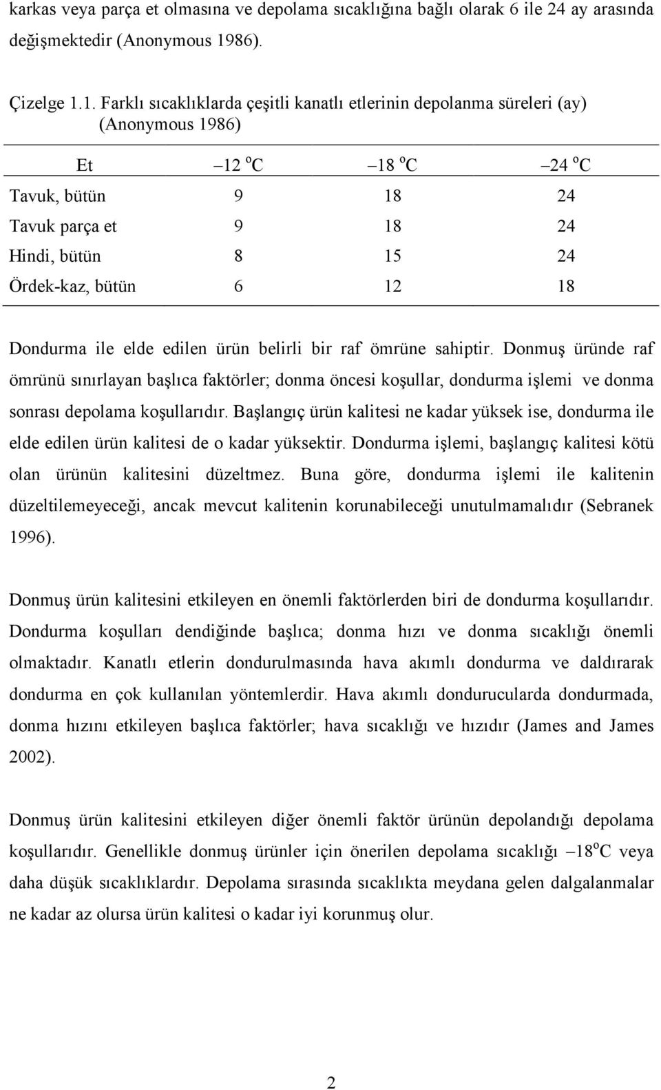 1. Farklı sıcaklıklarda çeşitli kanatlı etlerinin depolanma süreleri (ay) (Anonymous 1986) Et 12 o C 18 o C 24 o C Tavuk, bütün 9 18 24 Tavuk parça et 9 18 24 Hindi, bütün 8 15 24 Ördek-kaz, bütün 6