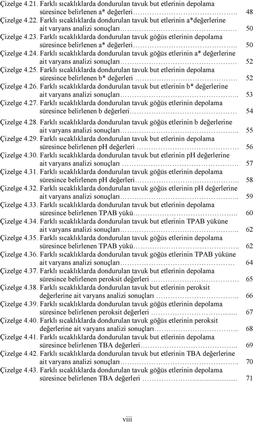 Farklı sıcaklıklarda dondurulan tavuk göğüs etlerinin depolama süresince belirlenen a* değerleri.. 50 Çizelge 4.24.