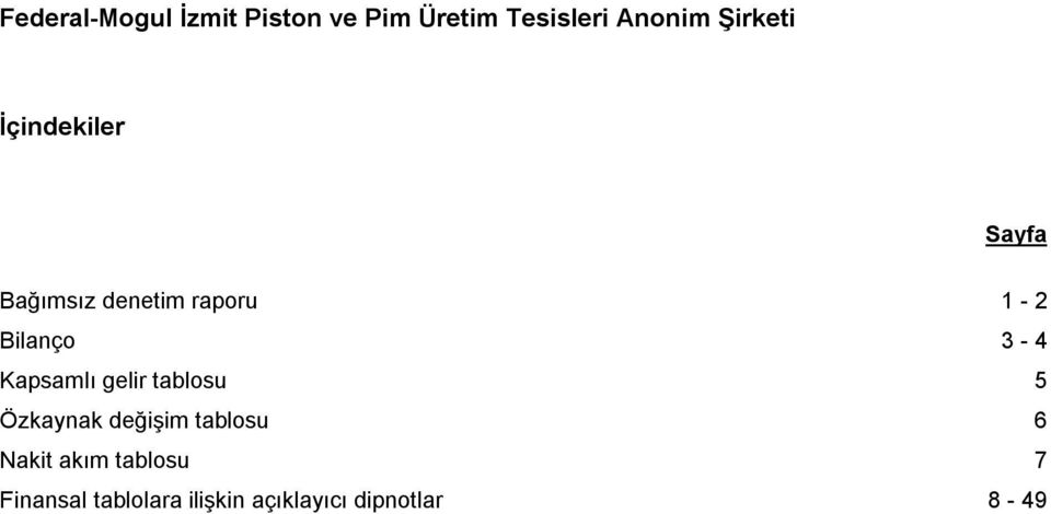 3-4 Kapsamlı gelir tablosu 5 Özkaynak değişim tablosu 6 Nakit