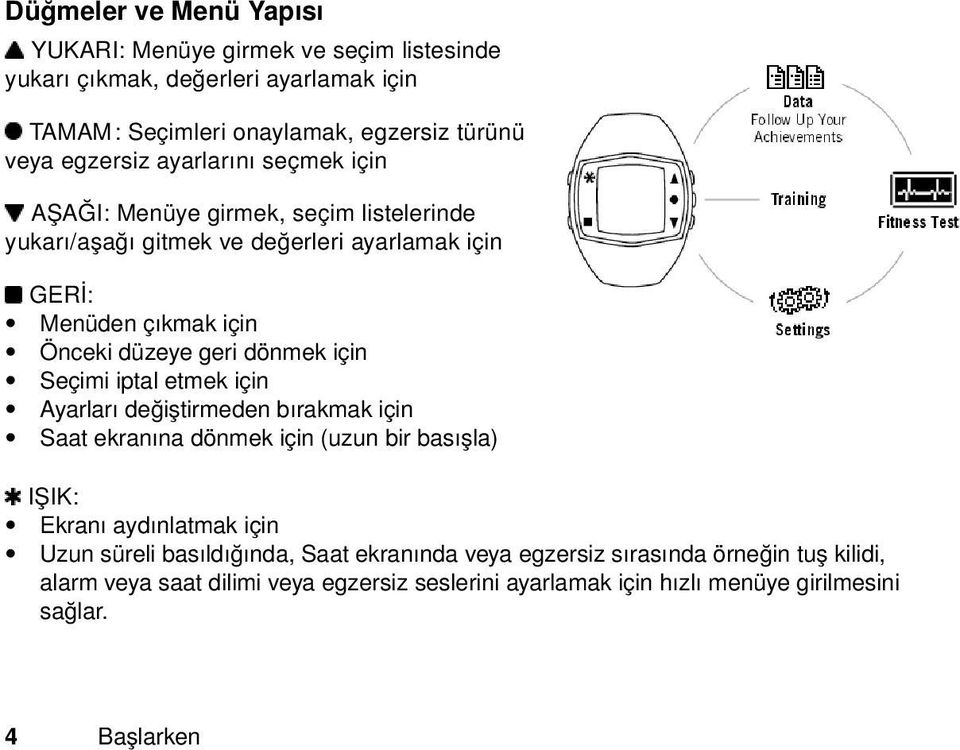 için Seçimi iptal etmek için Ayarları değiştirmeden bırakmak için Saat ekranına dönmek için (uzun bir basışla) IŞIK: Ekranı aydınlatmak için Uzun süreli