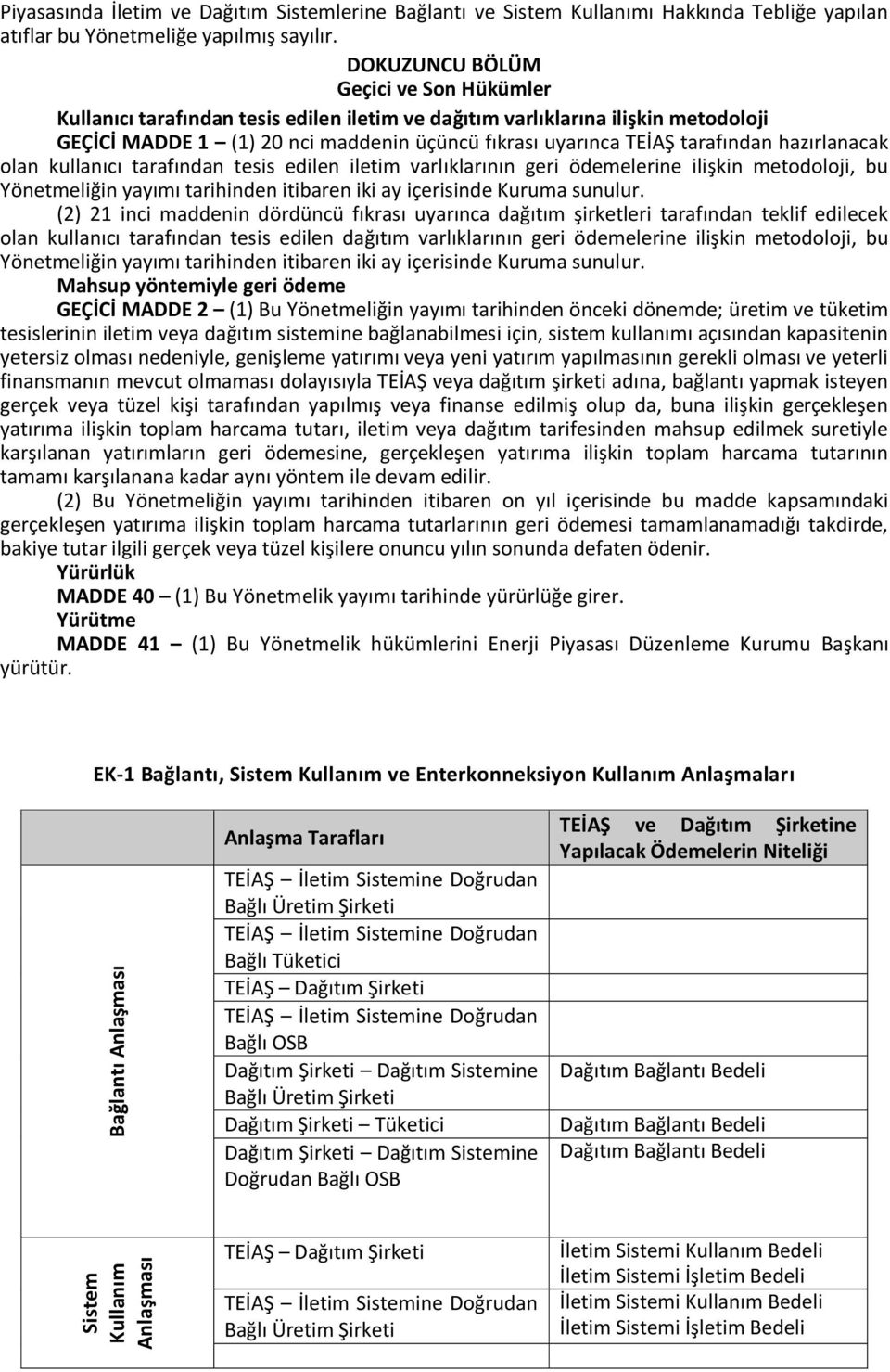 hazırlanacak olan kullanıcı tarafından tesis edilen iletim varlıklarının geri ödemelerine ilişkin metodoloji, bu Yönetmeliğin yayımı tarihinden itibaren iki ay içerisinde Kuruma sunulur.