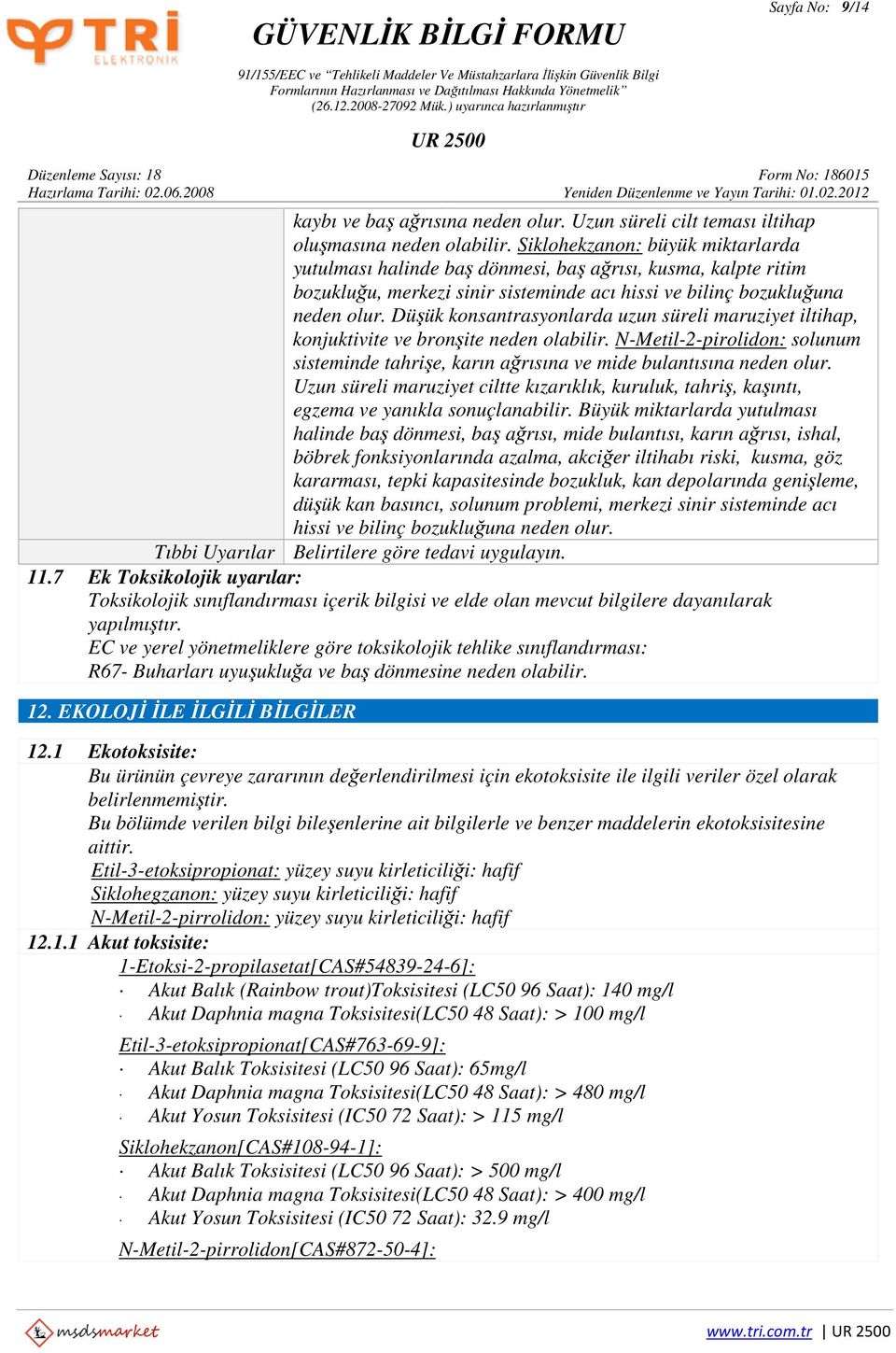 Düşük konsantrasyonlarda uzun süreli maruziyet iltihap, konjuktivite ve bronşite neden olabilir. N-Metil-2-pirolidon: solunum sisteminde tahrişe, karın ağrısına ve mide bulantısına neden olur.