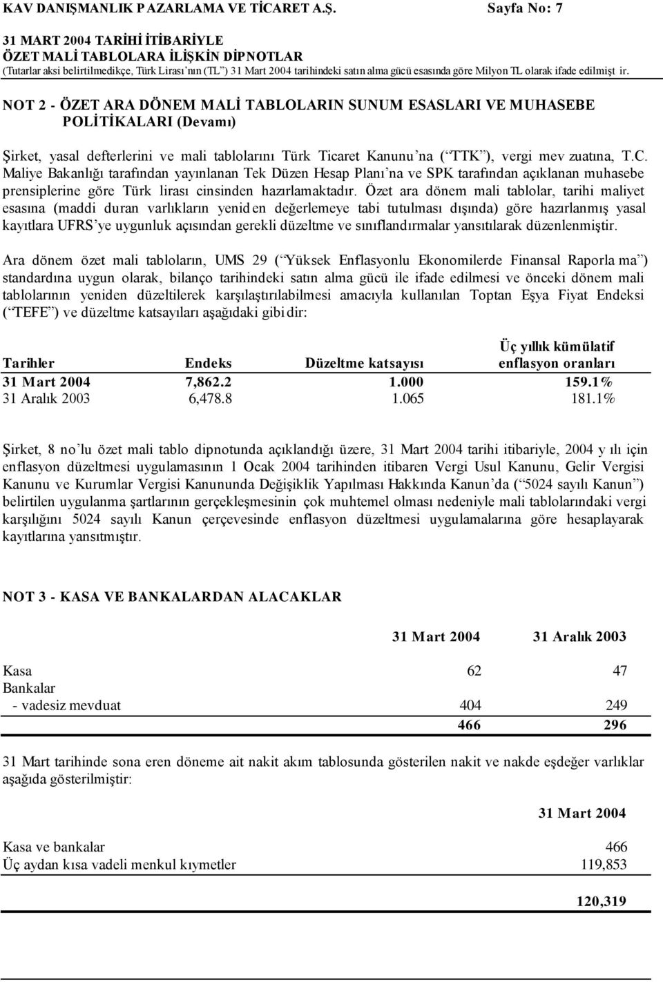 Sayfa No: 7 ÖZET MALİ TABLOLARA İLİŞKİN DİPNOTLAR (Tutarlar aksi belirtilmedikçe, Türk Lirası nın (TL ) 31 Mart 2004 tarihindeki satın alma gücü esasında göre Milyon TL olarak ifade edilmişt ir.