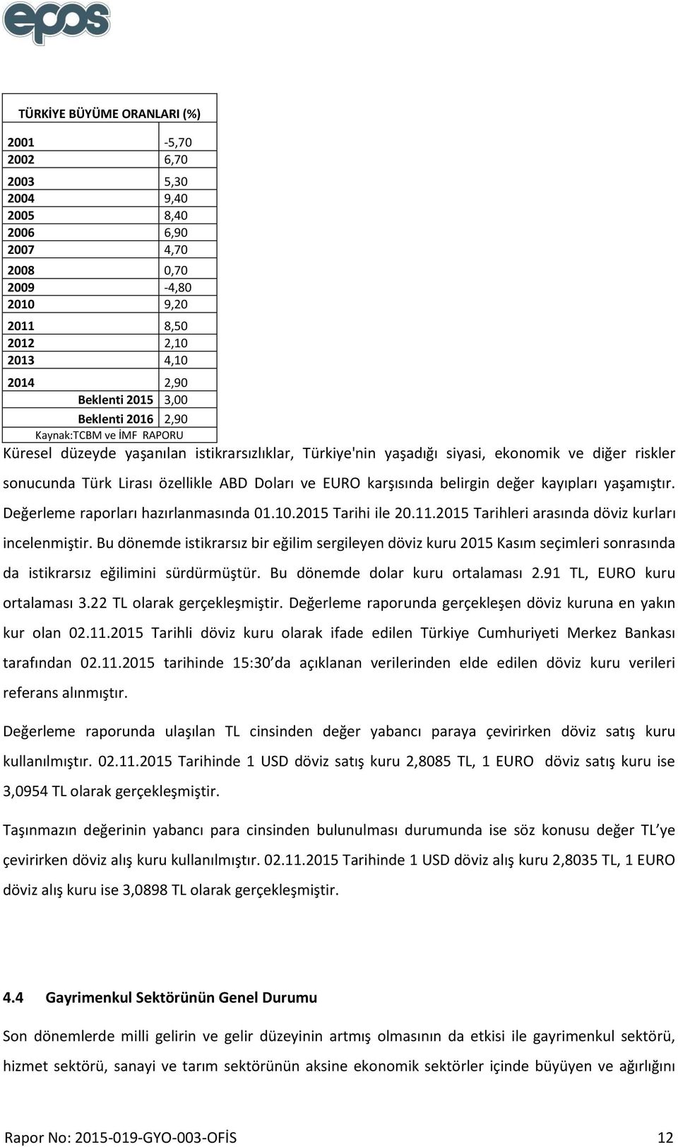 belirgin değer kayıpları yaşamıştır. Değerleme raporları hazırlanmasında 01.10.2015 Tarihi ile 20.11.2015 Tarihleri arasında döviz kurları incelenmiştir.