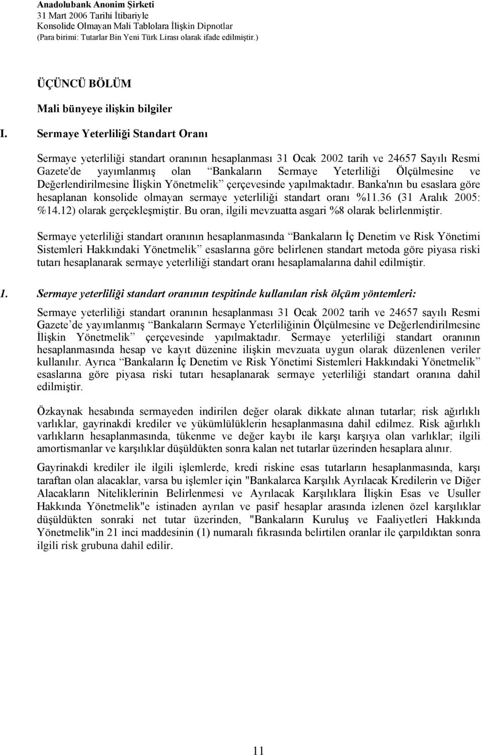 Değerlendirilmesine İlişkin Yönetmelik çerçevesinde yapılmaktadır. Banka'nın bu esaslara göre hesaplanan konsolide olmayan sermaye yeterliliği standart oranı %11.36 (31 Aralık 2005: %14.