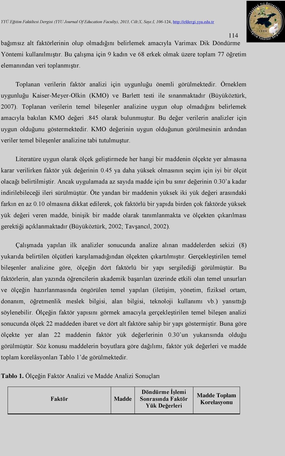 Örneklem uygunluğu Kaiser-Meyer-Olkin (KMO) ve Barlett testi ile sınanmaktadır (Büyüköztürk, 2007).