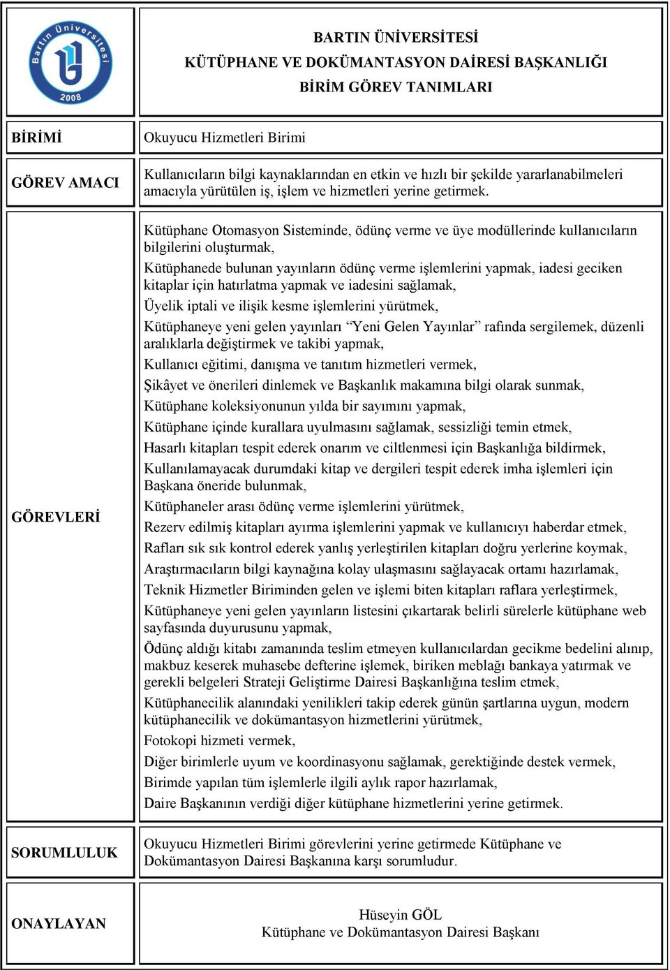 hatırlatma yapmak ve iadesini sağlamak, Üyelik iptali ve ilişik kesme işlemlerini yürütmek, Kütüphaneye yeni gelen yayınları Yeni Gelen Yayınlar rafında sergilemek, düzenli aralıklarla değiştirmek ve