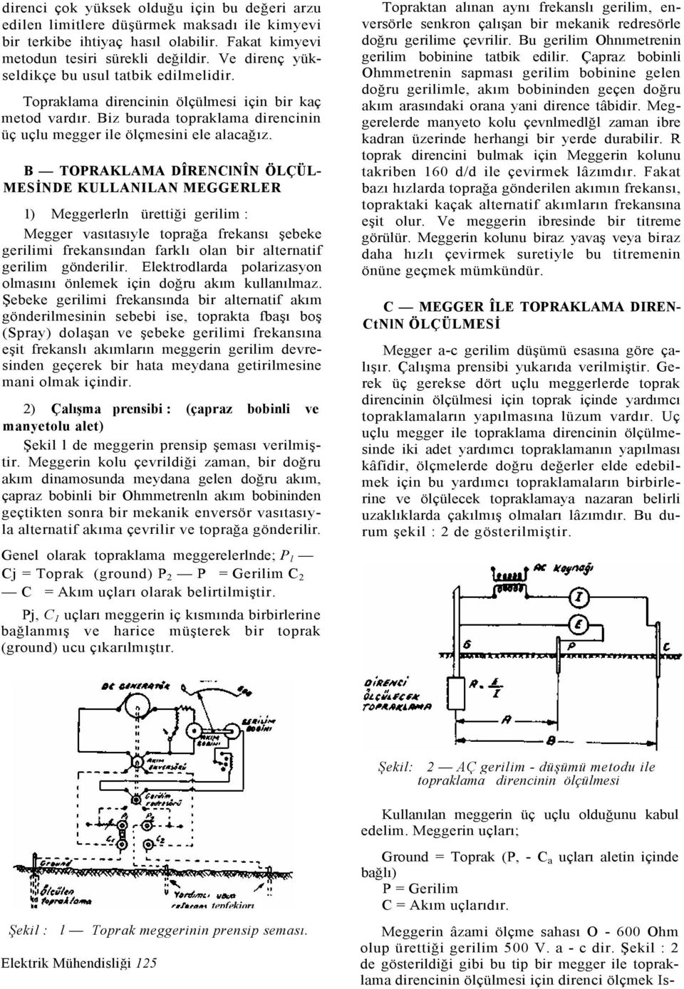 B TOPRAKLAMA DÎRENClNÎN ÖLÇÜL- MESİNDE KULLANILAN MEGGERLER 1) Meggerlerln ürettiği gerilim : Megger vasıtasıyle toprağa frekansı şebeke gerilimi frekansından farklı olan bir alternatif gerilim