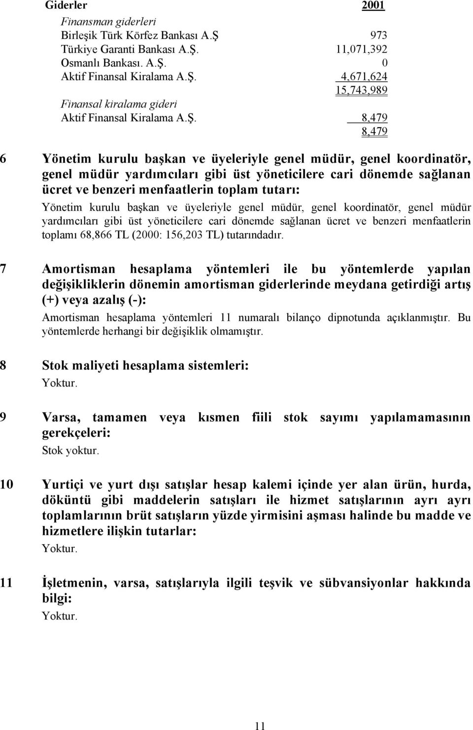 Yönetim kurulu başkan ve üyeleriyle genel müdür, genel koordinatör, genel müdür yardımcıları gibi üst yöneticilere cari dönemde sağlanan ücret ve benzeri menfaatlerin toplamı 68,866 TL (2000: 156,203