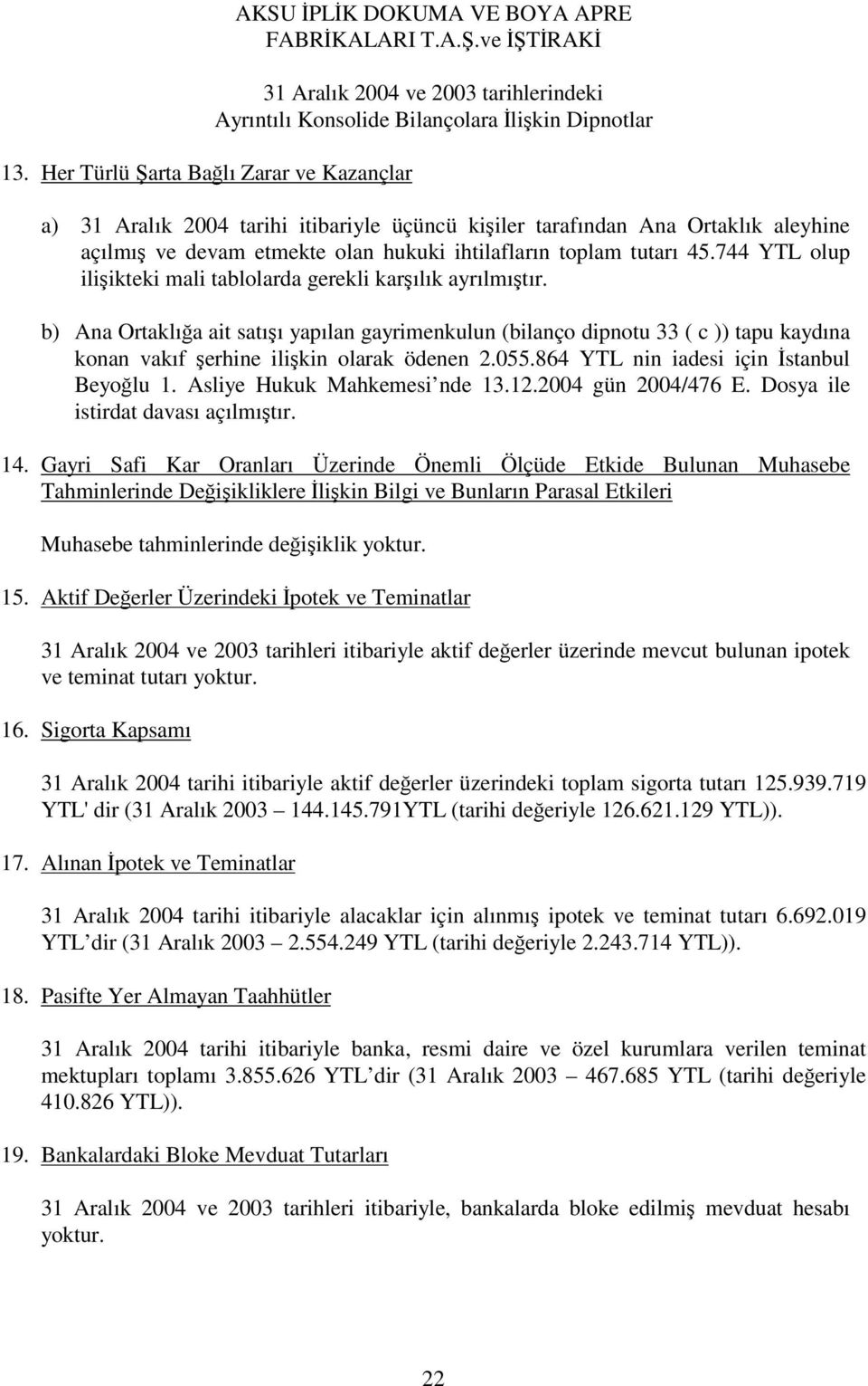 b) Ana Ortaklıa ait satıı yapılan gayrimenkulun (bilanço dipnotu 33 ( c )) tapu kaydına konan vakıf erhine ilikin olarak ödenen 2.055.864 YTL nin iadesi için stanbul Beyolu 1.