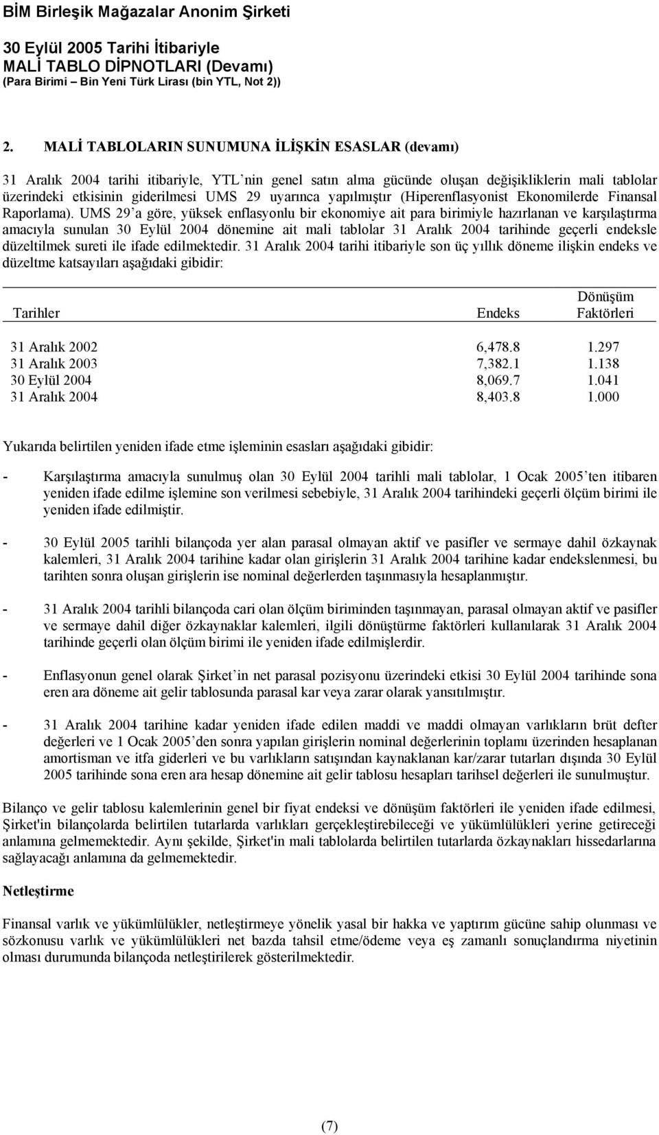 UMS 29 a göre, yüksek enflasyonlu bir ekonomiye ait para birimiyle hazırlanan ve karşılaştırma amacıyla sunulan 30 Eylül 2004 dönemine ait mali tablolar 31 Aralık 2004 tarihinde geçerli endeksle