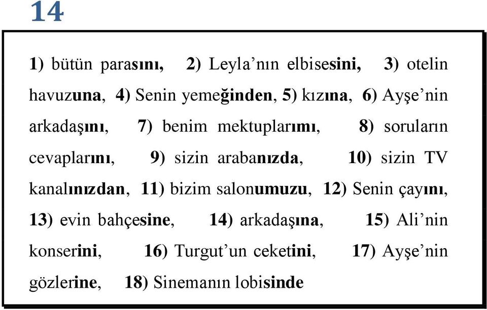 arabanızda, 10) sizin TV kanalınızdan, 11) bizim salonumuzu, 12) Senin çayını, 13) evin