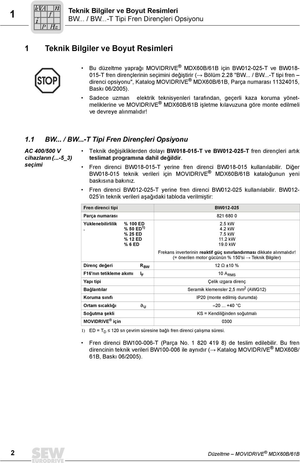 28 "BW... / BW...-T tipi fren direnci opsiyonu", Katalog MOVIDRIVE MDX60B/61B, Parça numarası 11324015, Baskı 06/2005).
