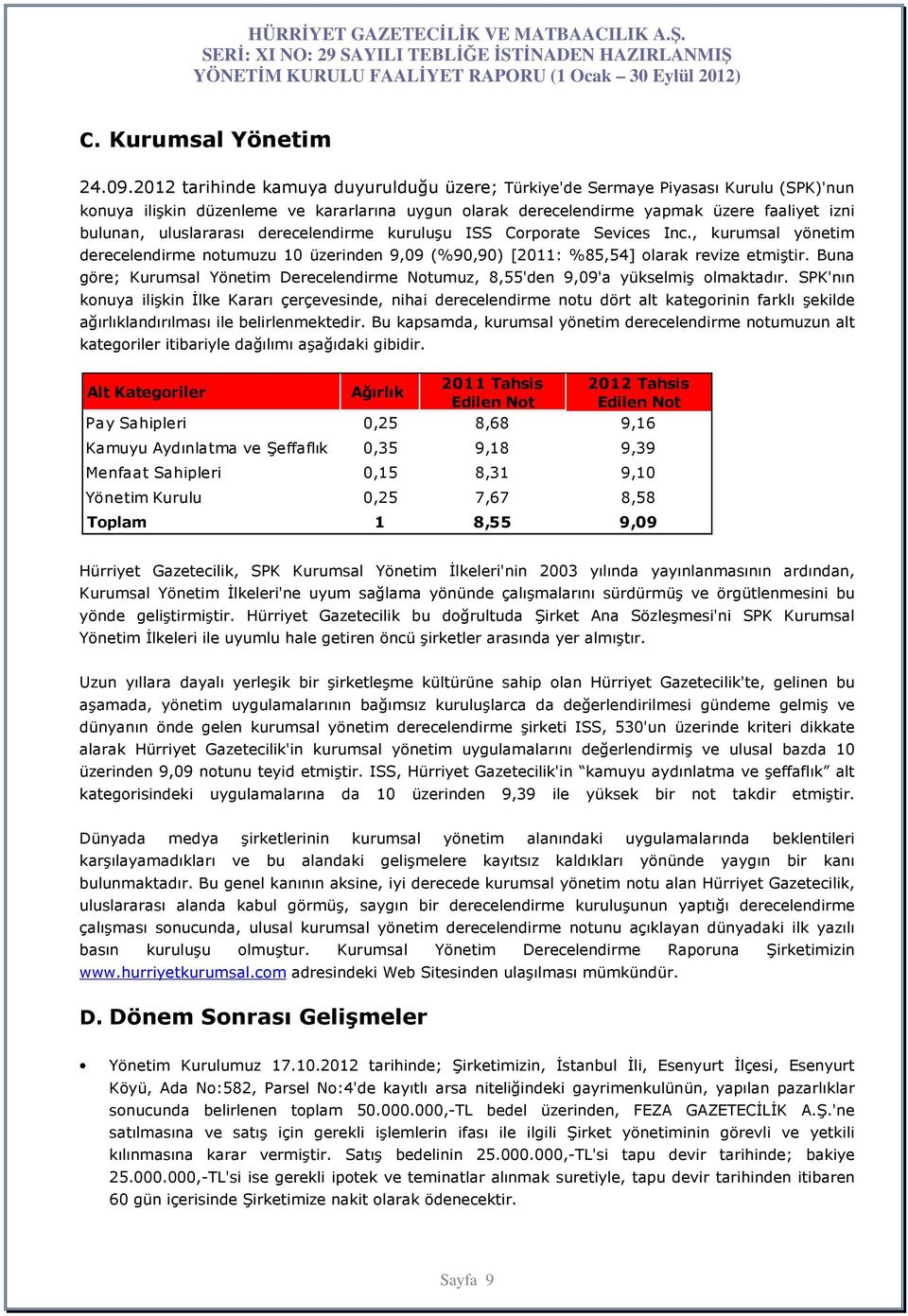 uluslararası derecelendirme kuruluşu ISS Corporate Sevices Inc., kurumsal yönetim derecelendirme notumuzu 10 üzerinden 9,09 (%90,90) [2011: %85,54] olarak revize etmiştir.