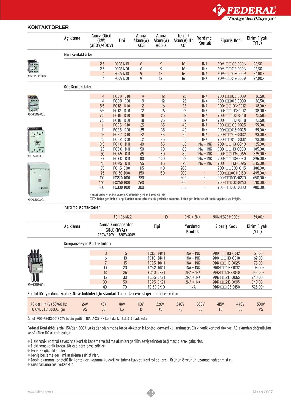 .. 9DDS5000... Yard mc Kontaktörler 4 4 5.5 5.5 7.5 7.5 8.