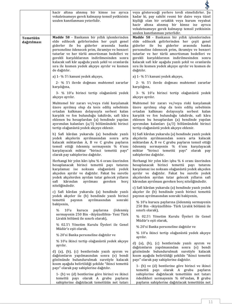 amortisman bedelleri ve gerekli karşılıklarının indirilmesinden sonra kalacak safi kâr aşağıda yazılı şekil ve oranlarda sıra ile kısmen yedek akçeye ayrılır ve kısmen de dağıtılır.