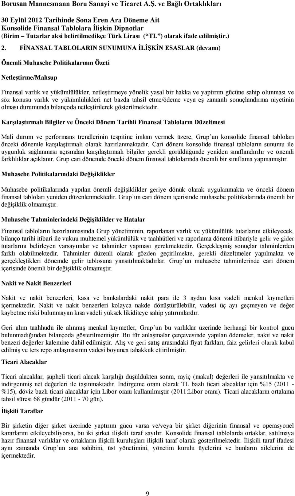 KarĢılaĢtırmalı Bilgiler ve Önceki Dönem Tarihli Finansal Tabloların Düzeltmesi Mali durum ve performans trendlerinin tespitine imkan vermek üzere, Grup un konsolide finansal tabloları önceki dönemle