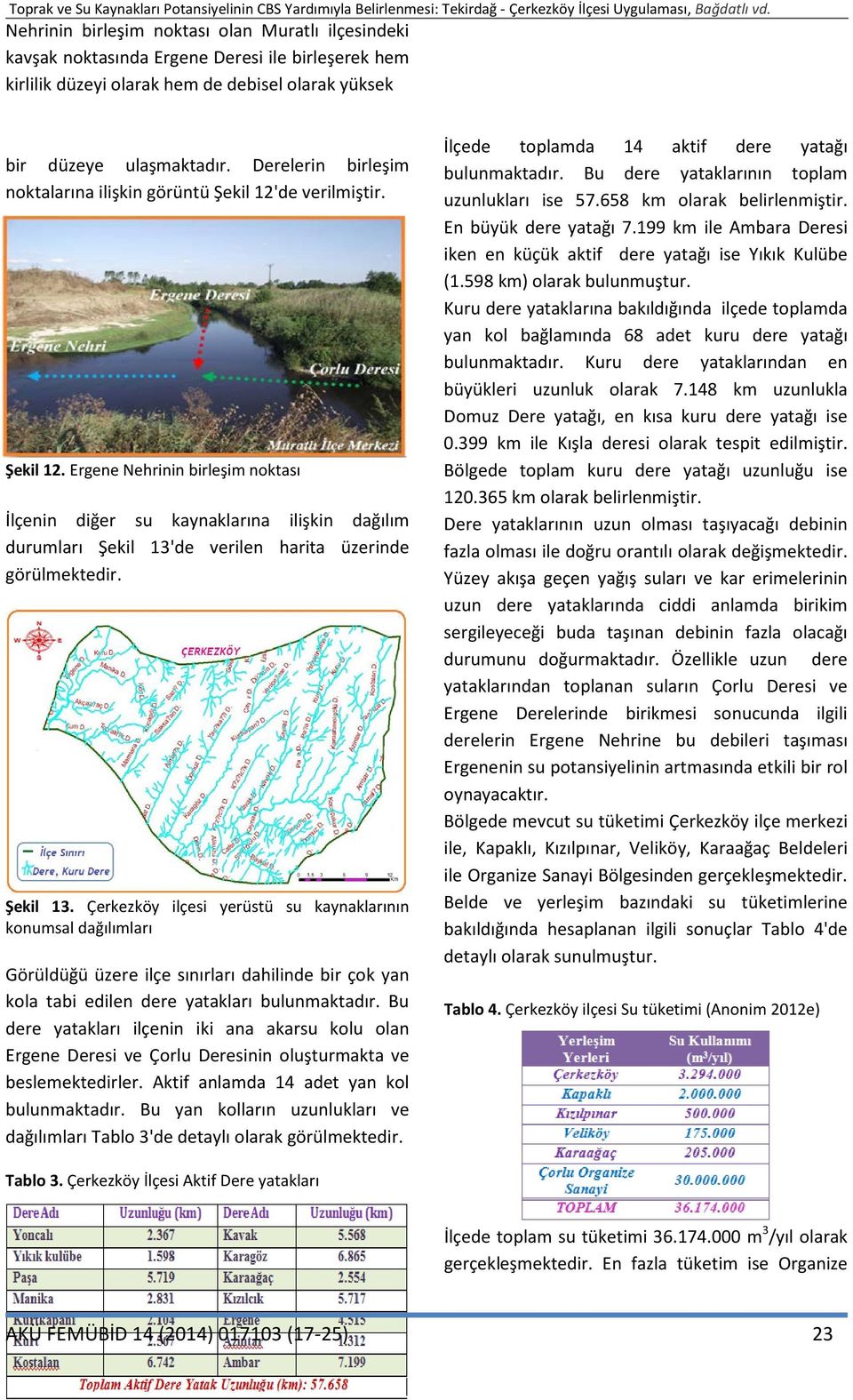 Şekil 13. Çerkezköy ilçesi yerüstü su kaynaklarının konumsal dağılımları Görüldüğü üzere ilçe sınırları dahilinde bir çok yan kola tabi edilen dere yatakları bulunmaktadır.