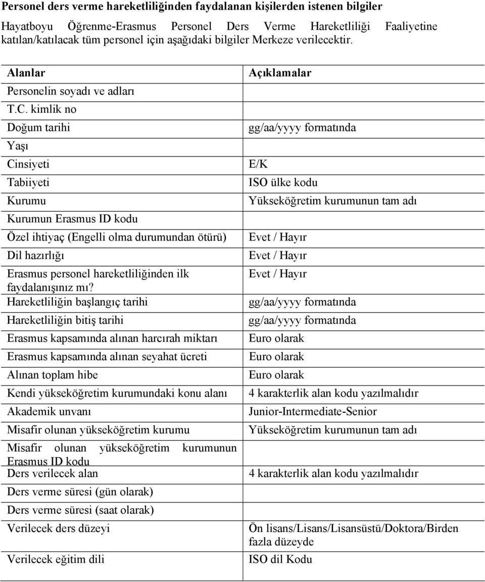 kimlik no Doğum tarihi Yaşı Cinsieti Tabiieti Kurumu Kurumun Erasmus ID kodu Özel ihtiaç (Engelli olma durumundan ötürü) Dil hazırlığı Erasmus personel hareketliliğinden ilk fadalanışınız mı?