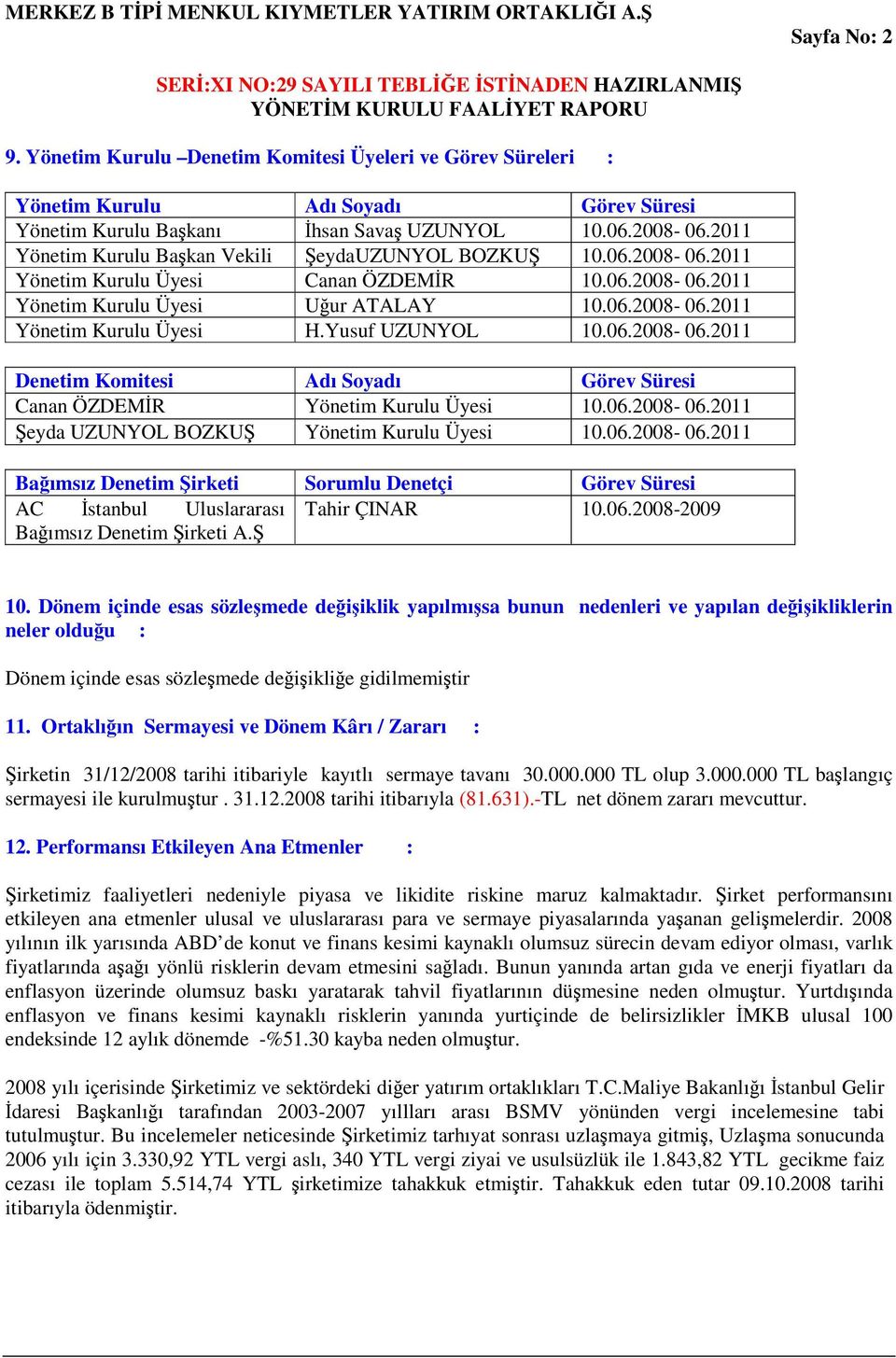 Yusuf UZUNYOL 10.06.2008-06.2011 Denetim Komitesi Adı Soyadı Görev Süresi Canan ÖZDEMİR Yönetim Kurulu Üyesi 10.06.2008-06.2011 Şeyda UZUNYOL BOZKUŞ Yönetim Kurulu Üyesi 10.06.2008-06.2011 Bağımsız Denetim Şirketi Sorumlu Denetçi Görev Süresi AC İstanbul Uluslararası Tahir ÇINAR 10.