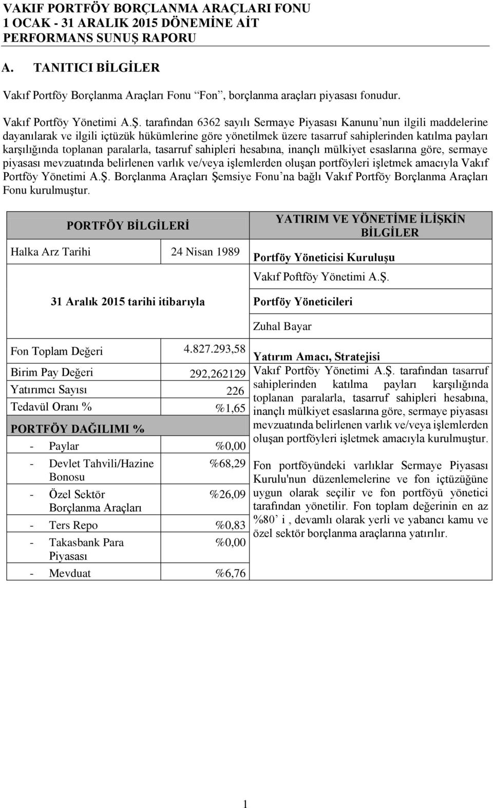 paralarla, tasarruf sahipleri hesabına, inançlı mülkiyet esaslarına göre, sermaye piyasası mevzuatında belirlenen varlık ve/veya işlemlerden oluşan portföyleri işletmek amacıyla Vakıf Portföy