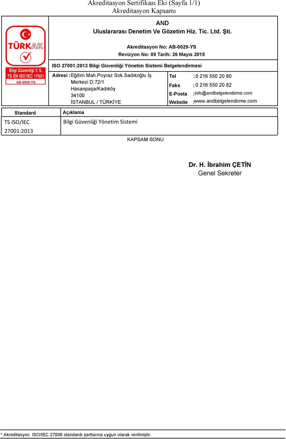 ISO/IEC 27001:2013 Bilgi Güvenliği Yönetim Sistemi *