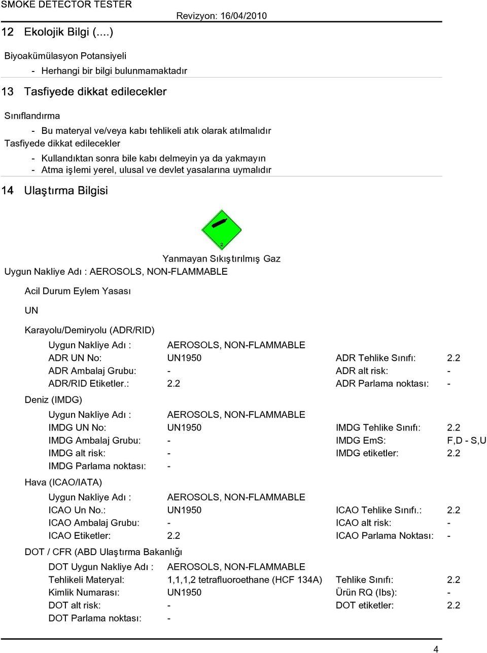 Sýnýfý: 2.2 ADR Ambalaj Grubu: - ADR alt risk: - ADR/RID Etiketler.: 2.2 ADR Parlama noktasý: - Deniz (IMDG) IMDG UN No: UN1950 IMDG Tehlike Sýnýfý: 2.