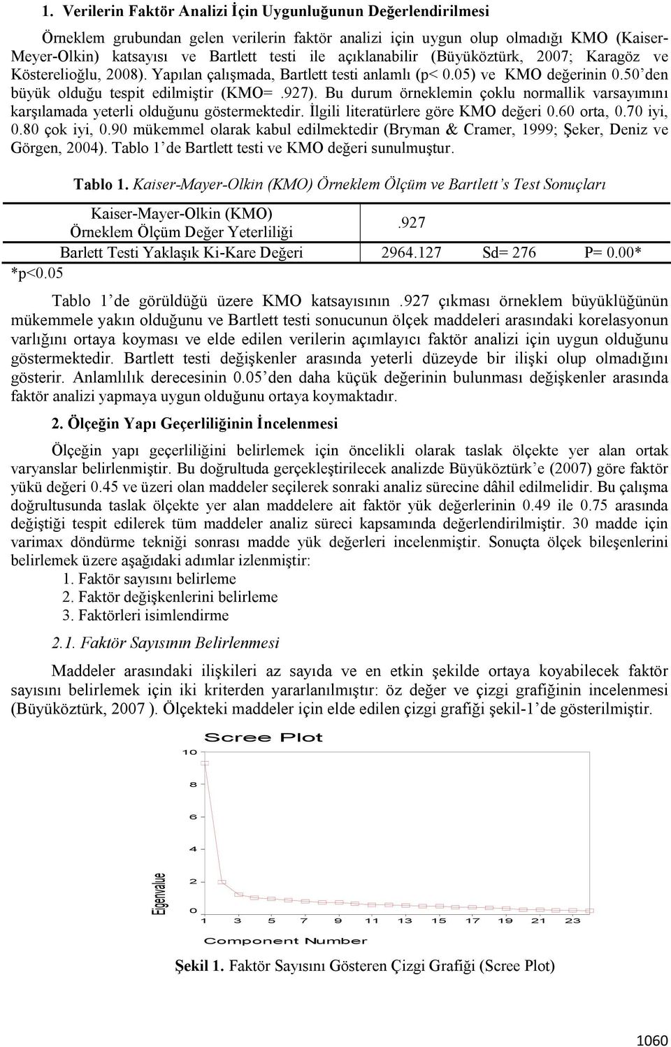 Bu durum örneklemin çoklu normallik varsayımını karşılamada yeterli olduğunu göstermektedir. İlgili literatürlere göre KMO değeri 0.60 orta, 0.70 iyi, 0.80 çok iyi, 0.