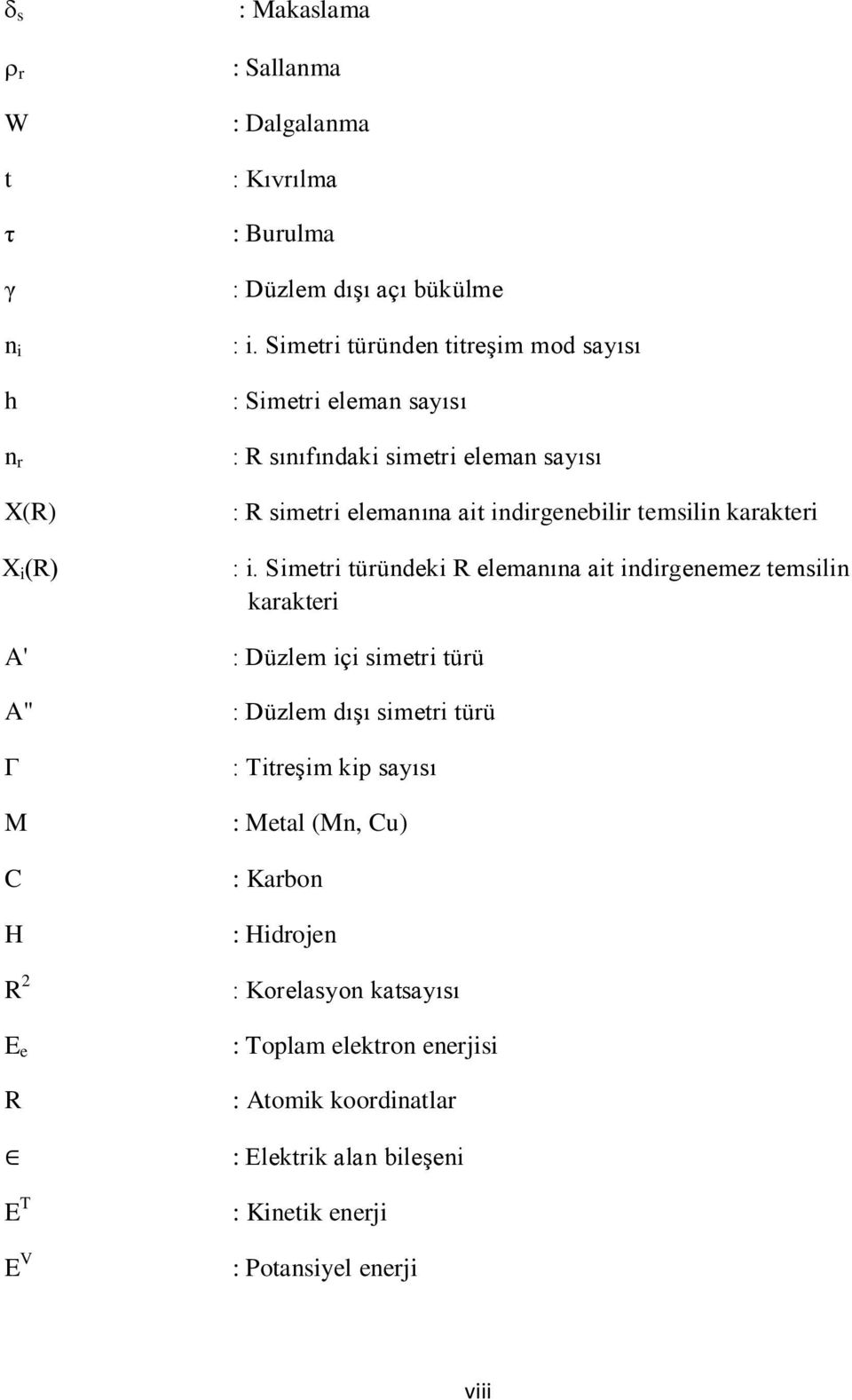 : i. Simetri türündeki R elemanına ait indirgenemez temsilin karakteri : Düzlem içi simetri türü A" : Düzlem dıģı simetri türü Γ M C H R 2 E e R : TitreĢim