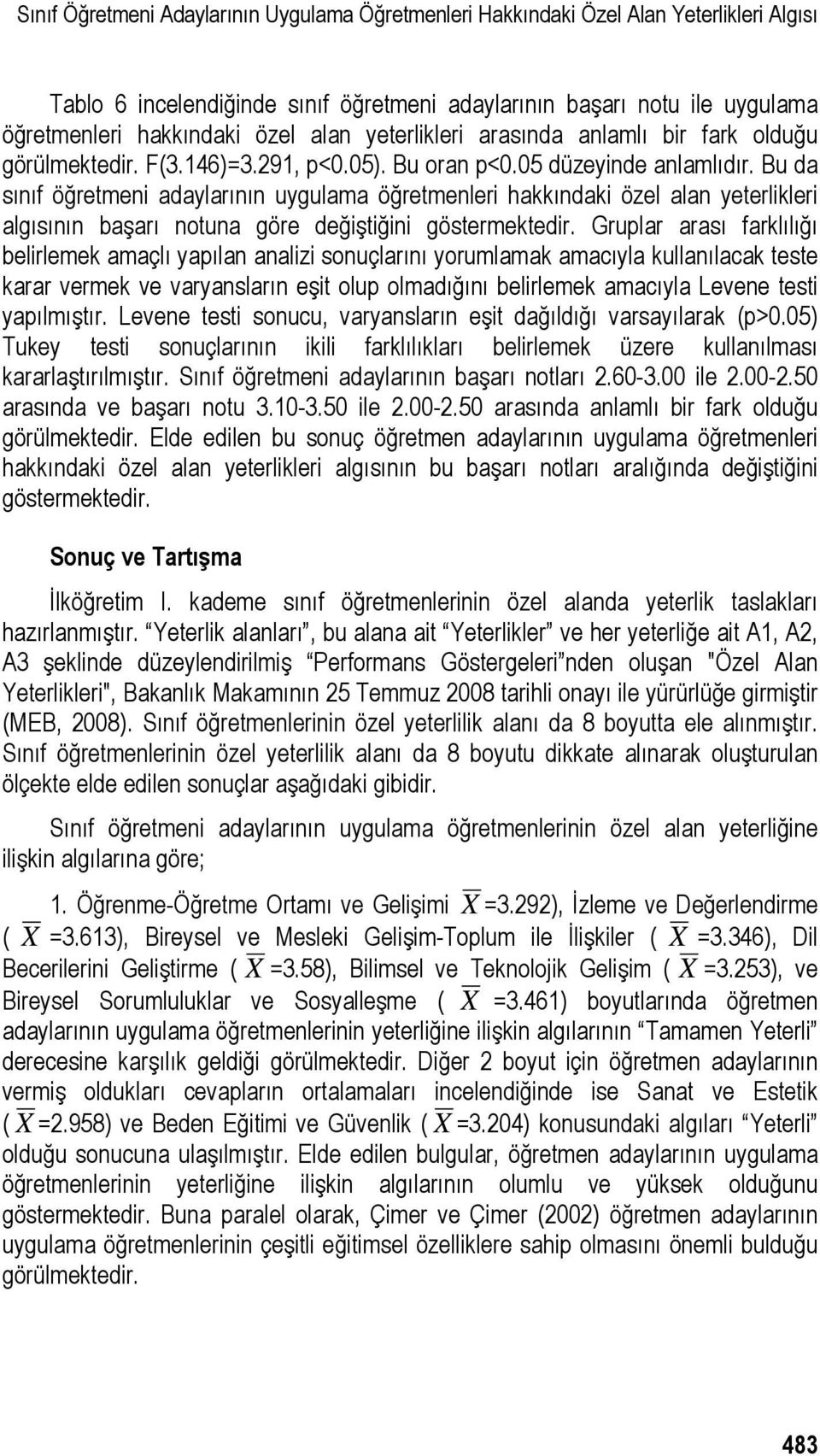 Bu da sınıf öğretmeni adaylarının uygulama öğretmenleri hakkındaki özel alan yeterlikleri algısının başarı notuna göre değiştiğini göstermektedir.