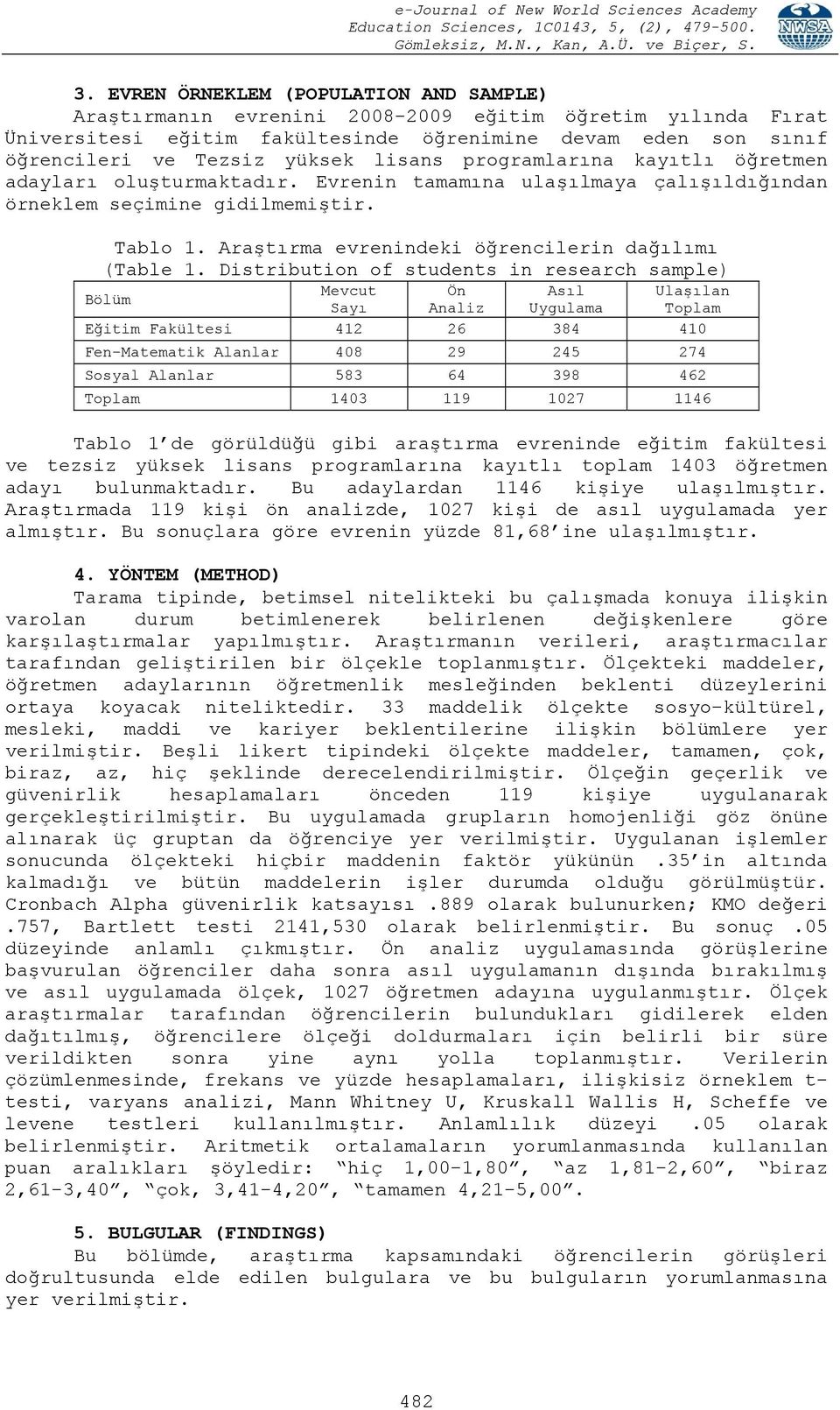 Araştırma evrenindeki öğrencilerin dağılımı (Table 1.