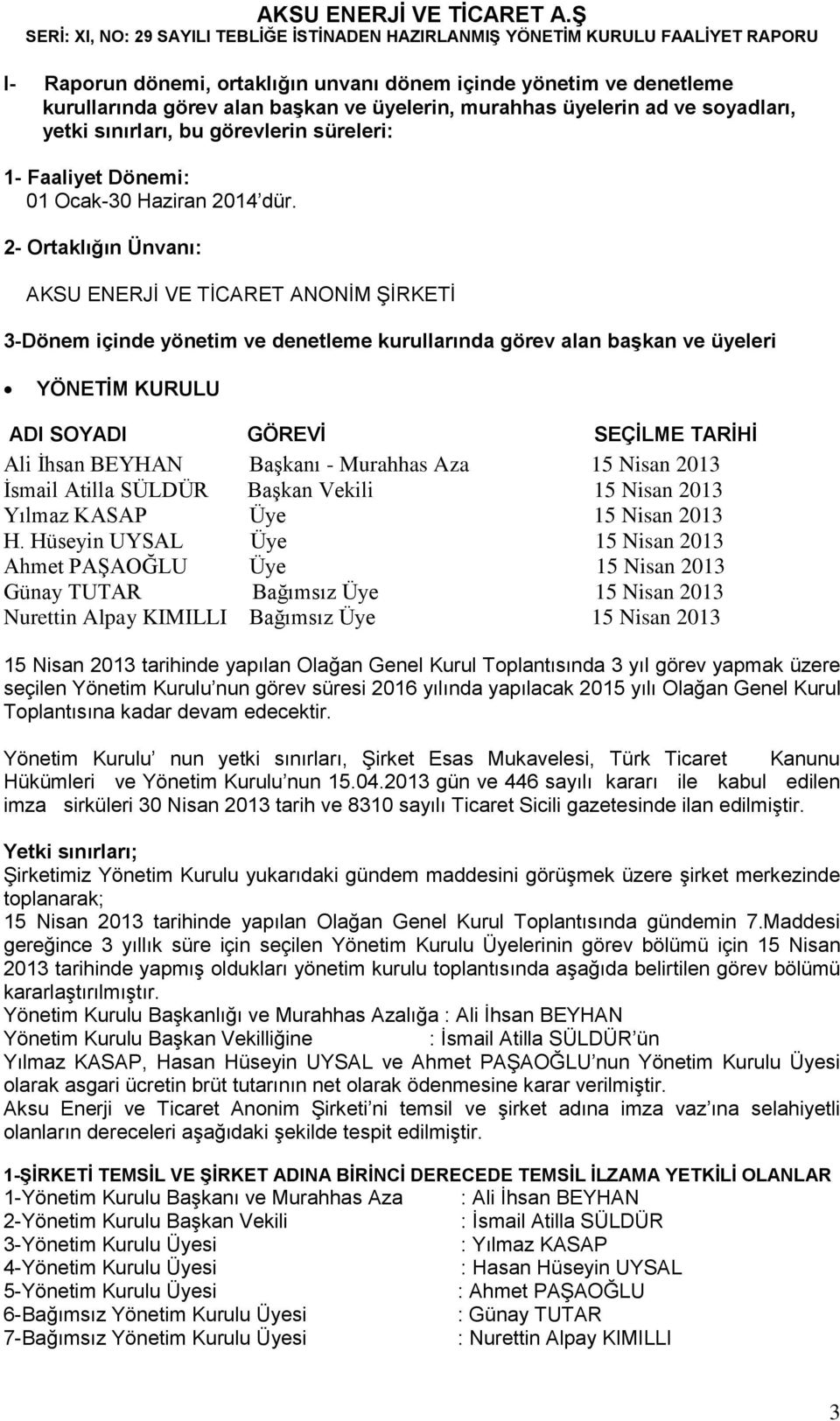 2- Ortaklığın Ünvanı: AKSU ENERJİ VE TİCARET ANONİM ŞİRKETİ 3-Dönem içinde yönetim ve denetleme kurullarında görev alan başkan ve üyeleri YÖNETİM KURULU ADI SOYADI GÖREVİ SEÇİLME TARİHİ Ali İhsan