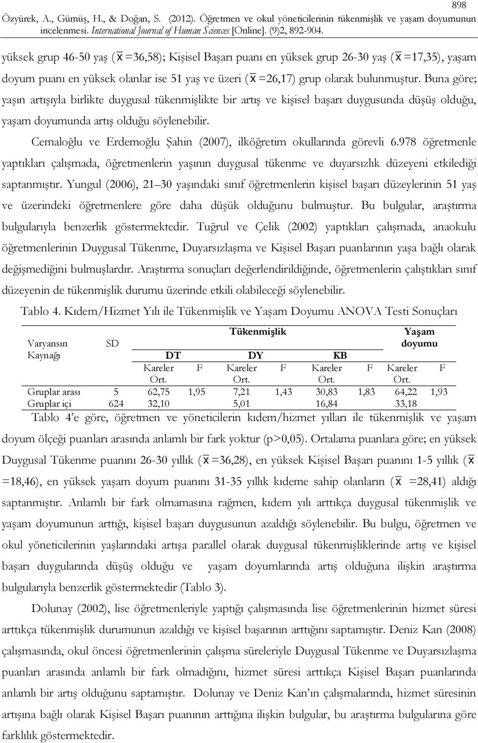 Cemaloğlu ve Erdemoğlu Şahin (2007), ilköğretim okullarında görevli 6.978 öğretmenle yaptıkları çalışmada, öğretmenlerin yaşının duygusal tükenme ve duyarsızlık düzeyeni etkilediği saptanmıştır.