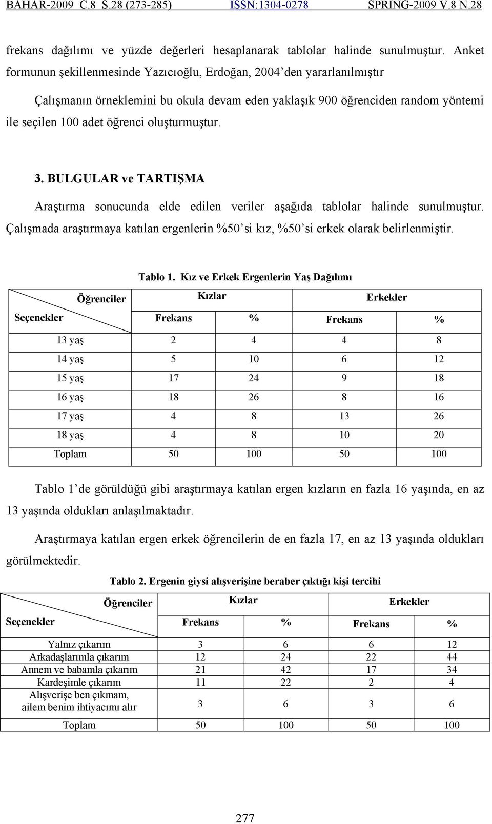 oluşturmuştur. 3. BULGULAR ve TARTIŞMA Araştırma sonucunda elde edilen veriler aşağıda tablolar halinde sunulmuştur.