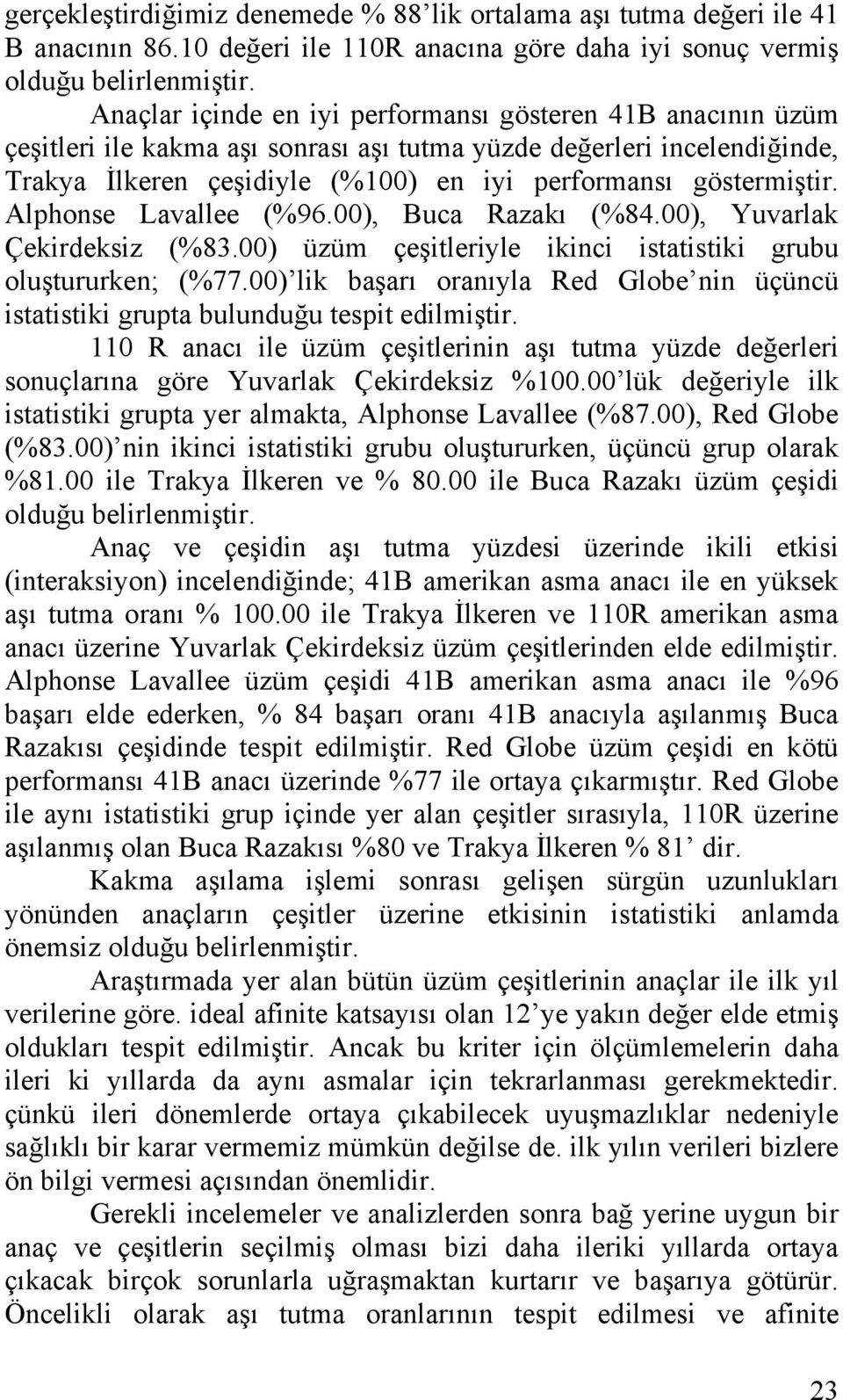 Alphonse Lavallee (%96.00), Buca Razakı (%84.00), Yuvarlak Çekirdeksiz (%83.00) üzüm çeşitleriyle ikinci istatistiki grubu oluştururken; (%77.