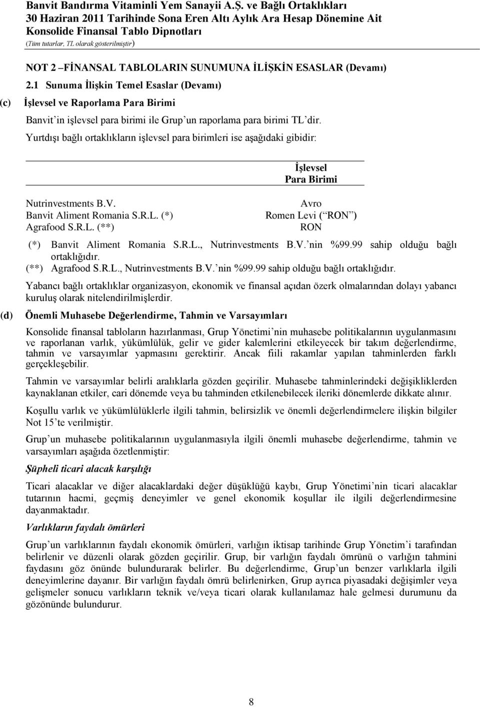 YurtdıĢı bağlı ortaklıkların iģlevsel para birimleri ise aģağıdaki gibidir: ĠĢlevsel Para Birimi (d) Nutrinvestments B.V. Banvit Aliment Romania S.R.L.