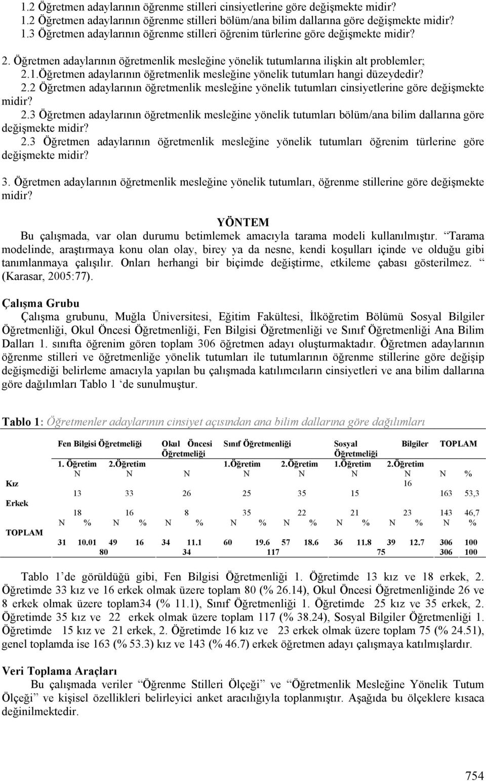 2.3 Öğretmen adaylarının öğretmenlik mesleğine yönelik tutumları bölüm/ana bilim dallarına göre değişmekte midir? 2.