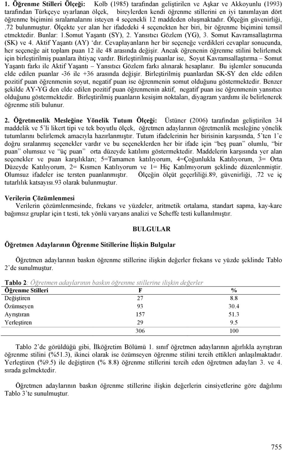 Bunlar: 1.Somut Yaşantı (SY), 2. Yansıtıcı Gözlem (YG), 3. Somut Kavramsallaştırma (SK) ve 4. Aktif Yaşantı (AY) dır.