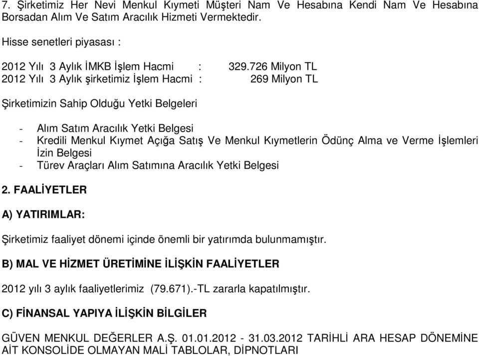 726 Milyon TL 2012 Yılı 3 Aylık şirketimiz İşlem Hacmi : 269 Milyon TL Şirketimizin Sahip Olduğu Yetki Belgeleri - Alım Satım Aracılık Yetki Belgesi - Kredili Menkul Kıymet Açığa Satış Ve Menkul