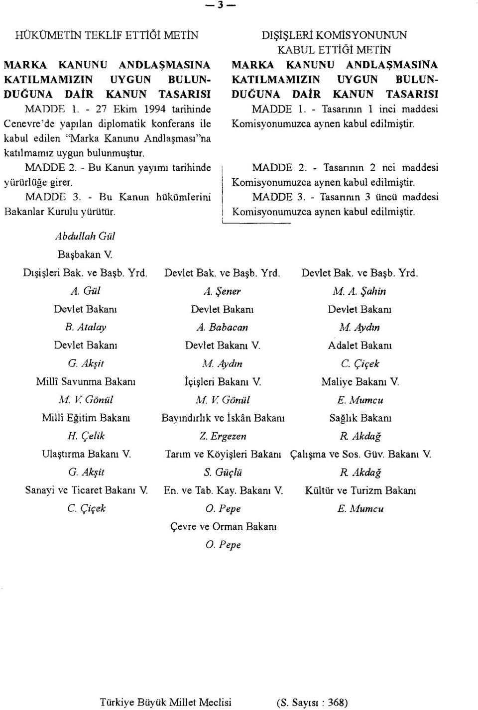 MADDE 3. - Bu Kanun hükümlerini Bakanlar Kurulu yürütür. DIŞİŞLERİ KOMİSYONUNUN KABUL ETTİĞİ METİN MARKA KANUNU ANDLAŞMASINA KATILMAMIZIN UYGUN BULUN DUĞUNA DAİR KANUN TASARISI MADDE 1.