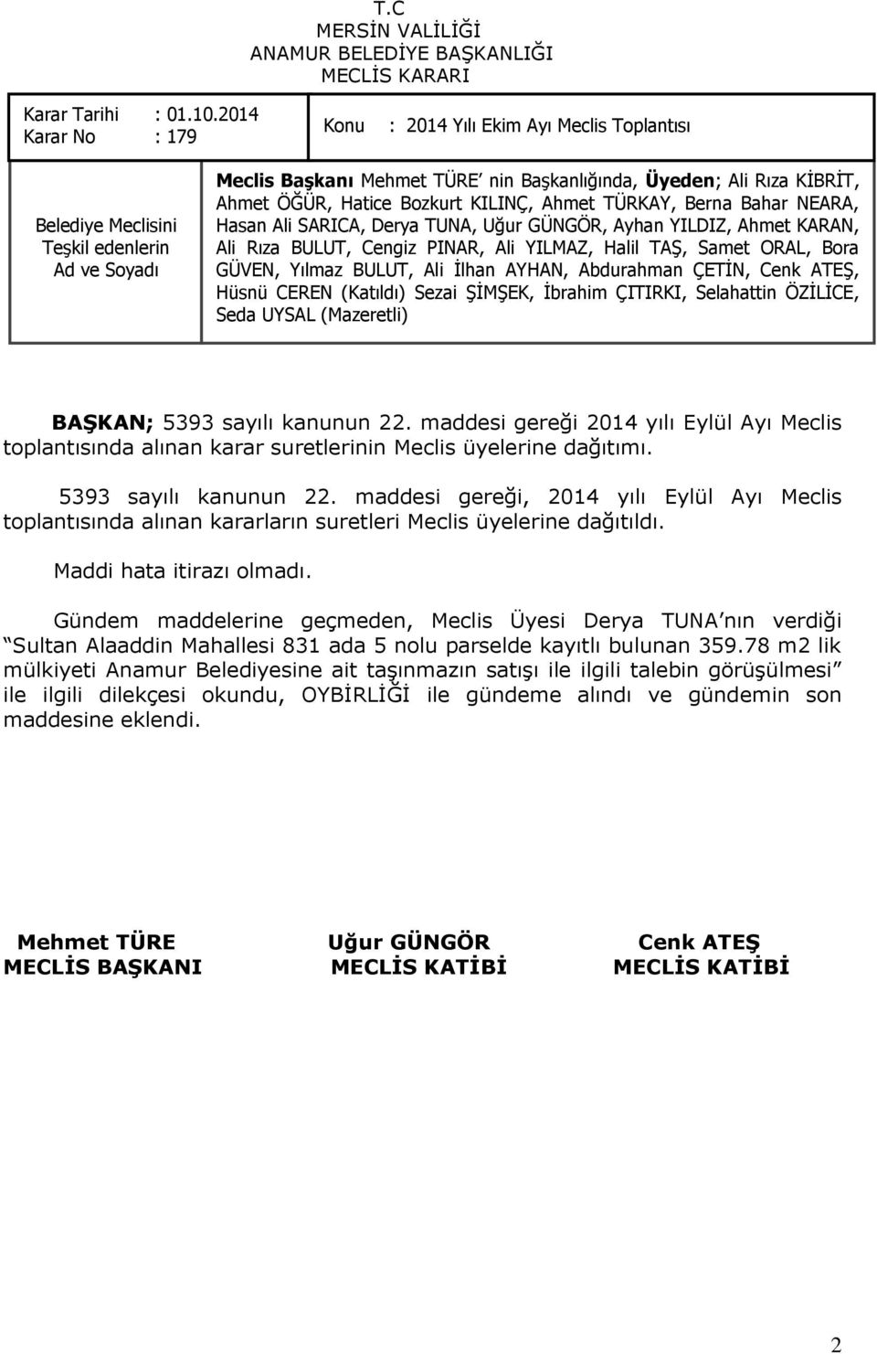 KARAN, Ali Rıza BULUT, Cengiz PINAR, Ali YILMAZ, Halil TAġ, Samet ORAL, Bora GÜVEN, Yılmaz BULUT, Ali Ġlhan AYHAN, Abdurahman ÇETĠN, Cenk ATEġ, Hüsnü CEREN (Katıldı) Sezai ġġmġek, Ġbrahim ÇITIRKI,